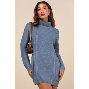 Lulus Cuddle Up Close Blue Cable Knit Turtleneck Sweater Dress - Size M